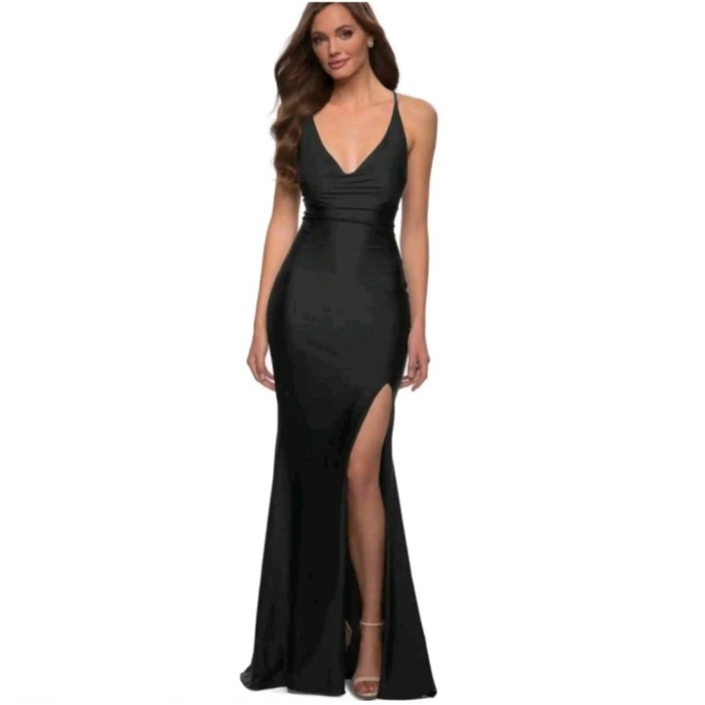 NWT La Femme #29785 Plunging Neck High Slit Strappy Back Gown Dress Sz 12 $318